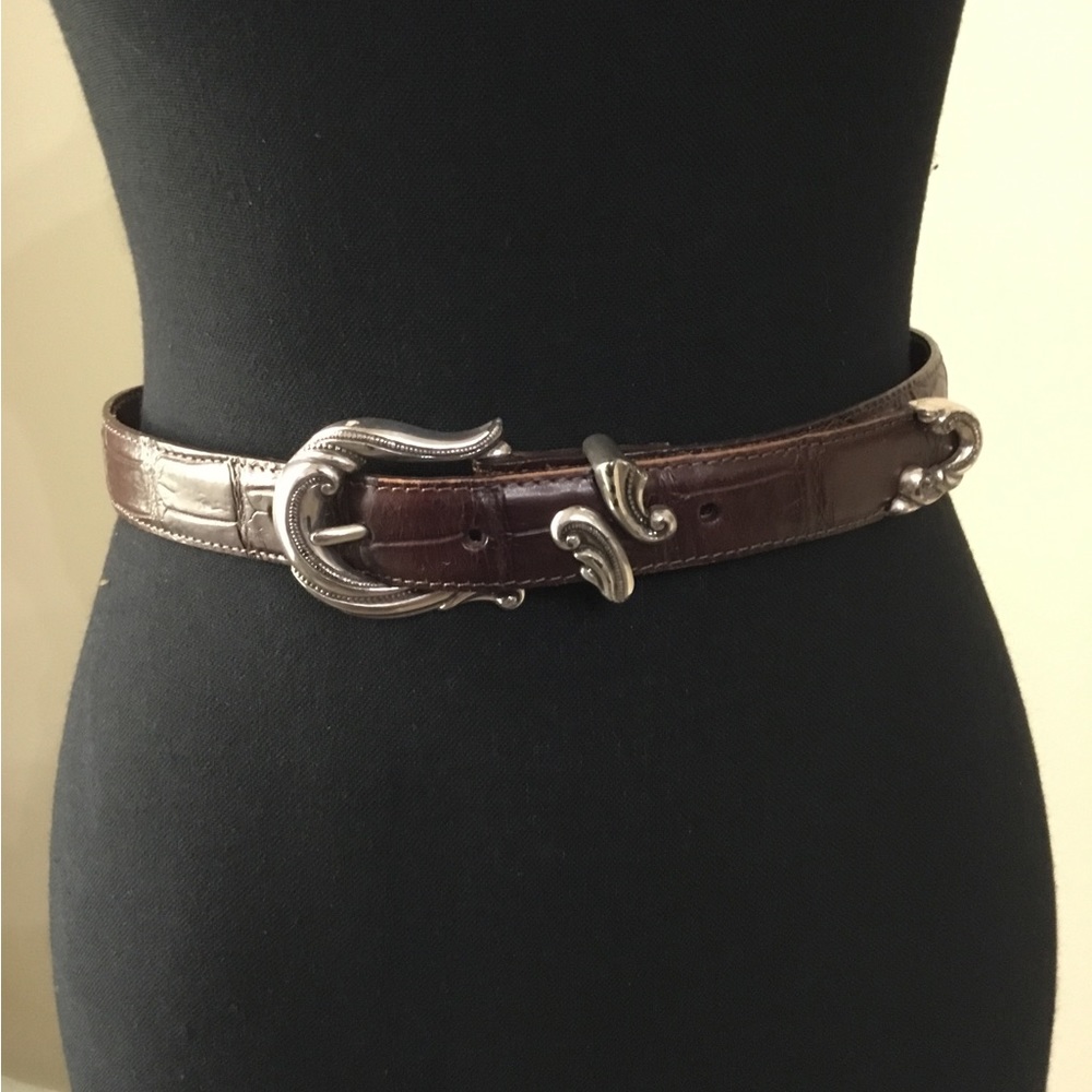 Brighton Women’s Brown Alligator Stamp Leather Belt With Silver Buckle Sz S EUC